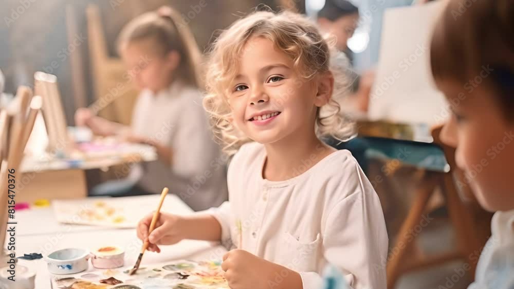 Class of elementary school student enjoying painting activity in classroom drawing and painting in the art with her friends Class of elementary school student enjoying painting activity in classroom drawing and painting in the art with her friends
