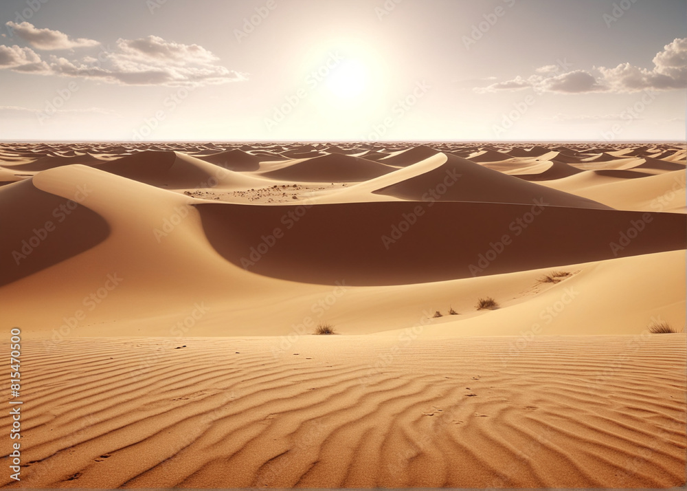 Naklejka premium Cinematic shot, a plain dessert with dunes. AI generative