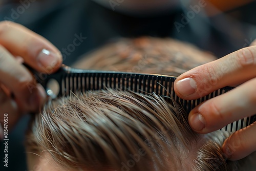 Close up of barber's hands doing new haircut for young client. Using black plastic comb, metallic sharp scissors. Male model having colored hair, looking forward. Working in barber shop
