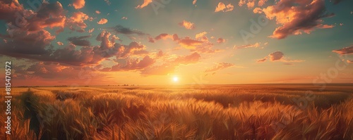 A vast wheat field bathed in the warm glow of a sunset with a dramatic cloudy sky creating a majestic backdrop