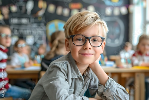 Blonde boy with glasses drawing. Group of elementary school pupils in classroom on art class