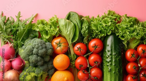 vibrant assortment of fresh vegetables and fruits on a pink background.