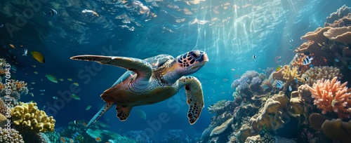 A sea turtle swimming gracefully in the deep blue ocean