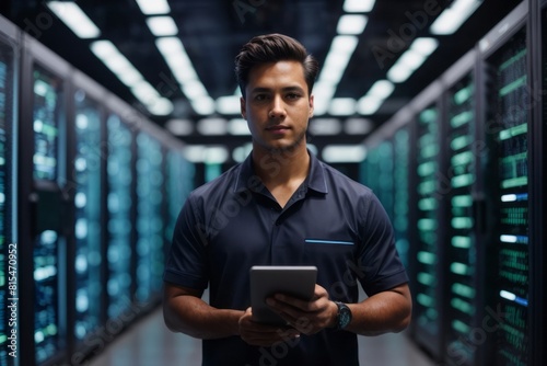data center engineer holding digital tablet in supercomputer server room to check data center network and protect data from cyber