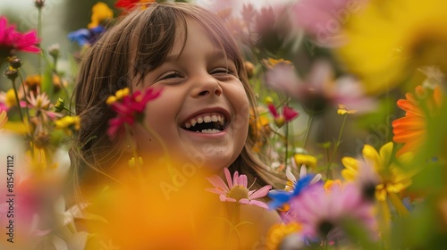 A young girl is beaming with a smile surrounded by vibrant flowers. The colorful petals cascade around her  creating a beautiful botanical scene perfect for a photograph AIG50