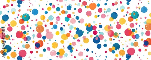 Colorful painted dots in various sizes sprinkled on a white background, presenting a joyful and playful expression.