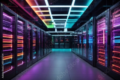 Data center server room with server racks and telecommunication equipment with modern technology