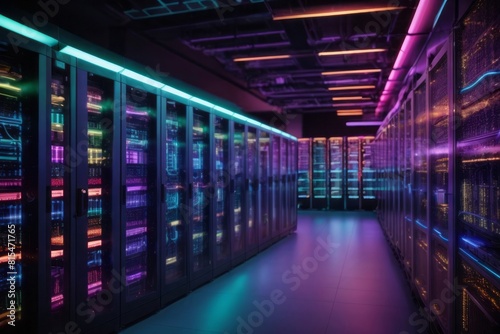 Data center server room with server racks and telecommunication equipment with modern technology