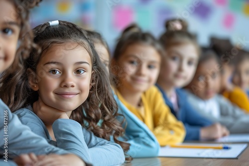 a primary elementary school group of children studying in the classroom. learning and sitting at the desk. young cute kids smiling