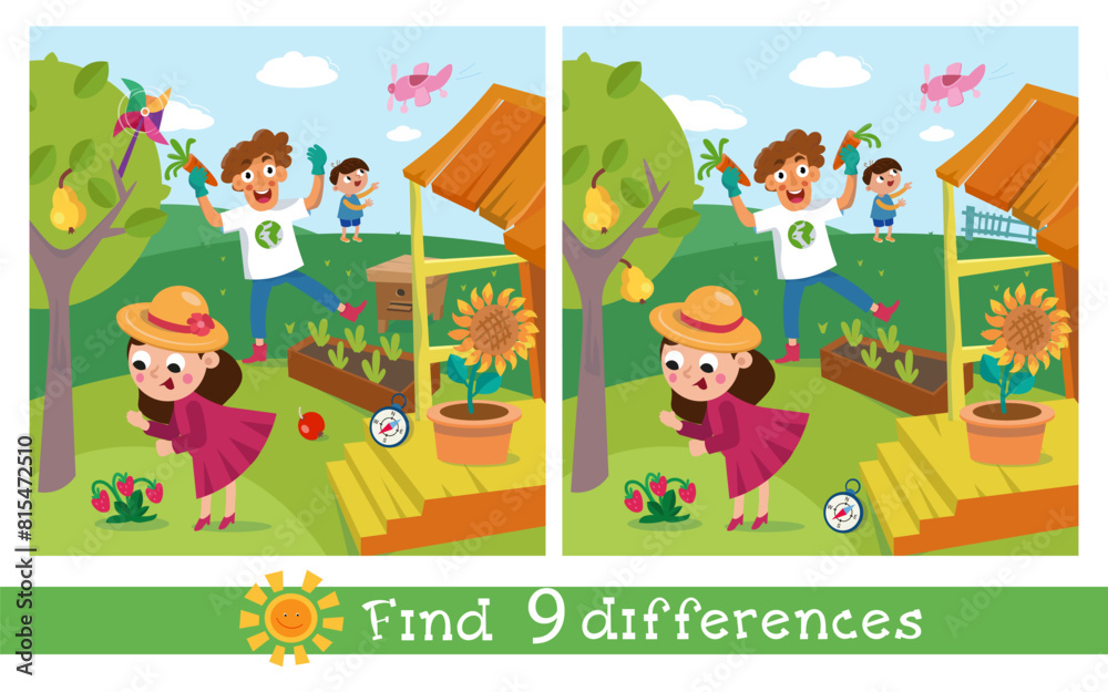 Find 9 differences. Game for children. Cute family in garden. Cartoon character. Vector illustration. 