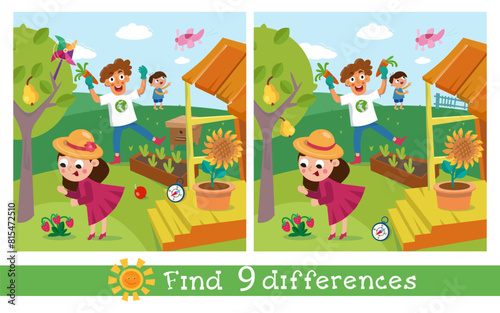 Find 9 differences. Game for children. Cute family in garden. Cartoon character. Vector illustration. 