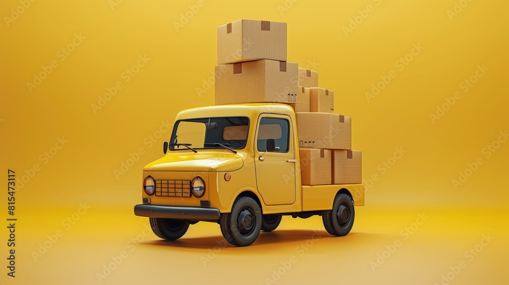A yellow truck is loaded with boxes, 3d render