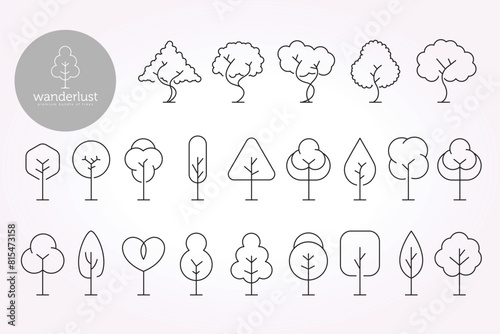 tree line art icon logo template bundle collection. illustration design pack of forest elements
