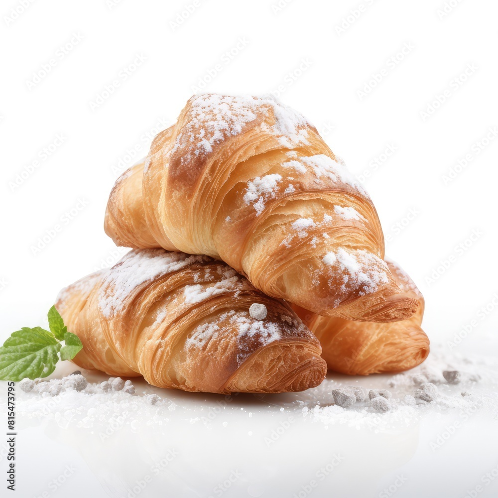 Sweet croissant with icing sugar isolated on white background