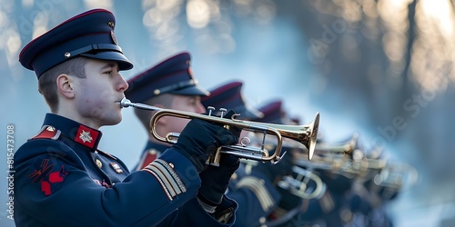 Soldiers in vintage uniforms with trumpets at military parade for history education. Concept Military Parades, Historical Reenactments, Vintage Uniforms, Trumpet Performances