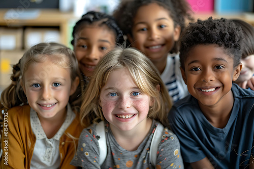 Happy diverse schoolchildren looking at camera. Smiling multiethnic kids posing for group portrait in a classroom of elementary school. Boys and girls of different skin colors go to school together