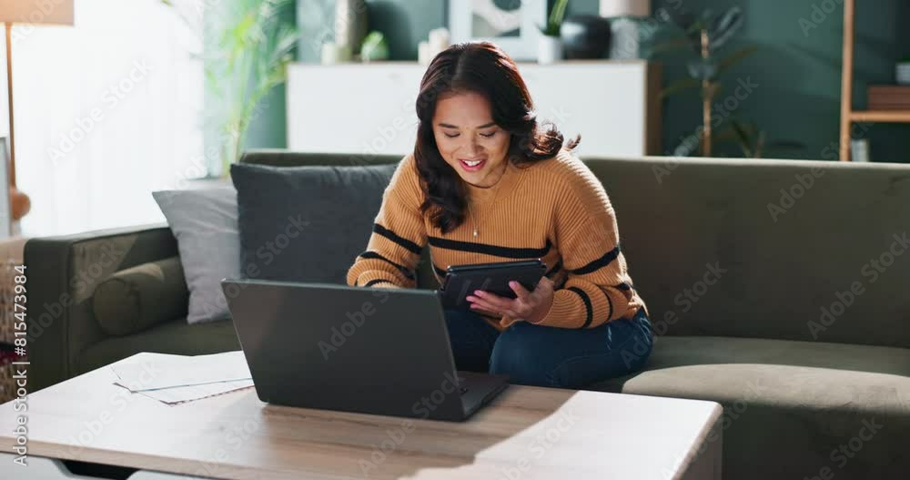 Woman, tablet and smile on sofa for smart home setup or installation with laptop for network connection. Happy, female person and computer on couch for tech sync, link or web app authentication Woman, tablet and smile on sofa for smart home setup or installation with laptop for network connection. Happy, female person and computer on couch for tech sync, link or web app authentication