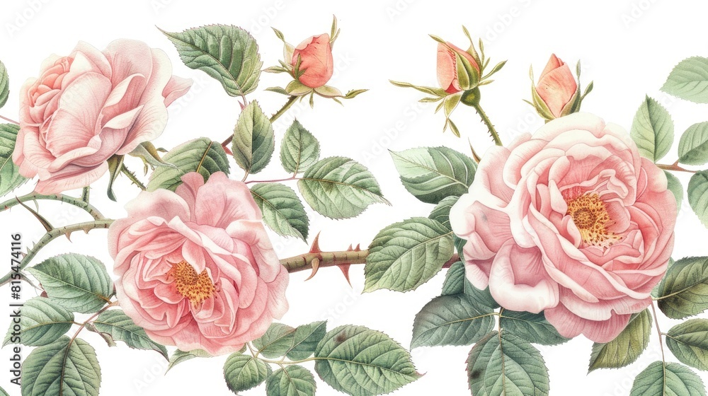 Arrange watercolor elements featuring a garden collection of delicate pink roses and peonies alongside leaves and branches in a botanical illustration set against a white background A buddi