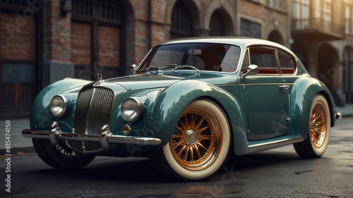 Classic Car on Blue color stand with front and side view in old city background