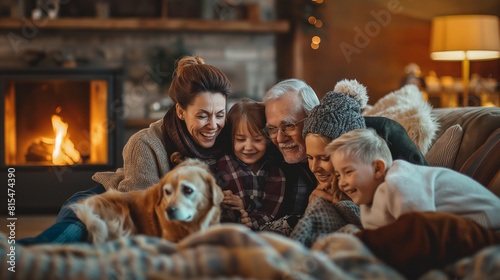 A family photo shoot in a cozy living room, with grandparents, parents, and grandchildren gathered around a fireplace, cuddled up with blankets and pets. Dynamic and dramatic compo