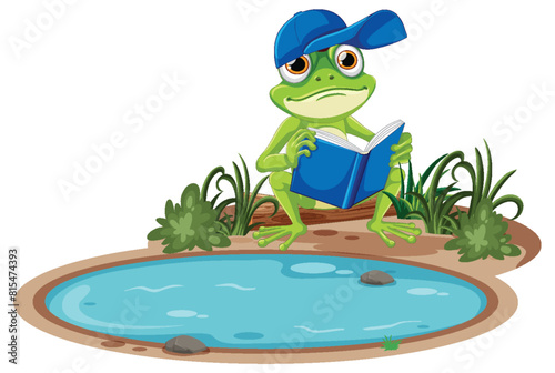 Cartoon frog reading a book beside a pond