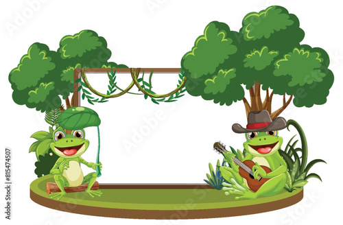 Two frogs playing music under a tree arch