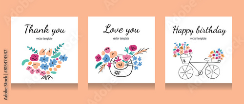 Wallpaper Mural Greeting cards with flowers composition, square templates with copy space, vector arrangement with flower basket, floral bouquet, valentine or birthday card set, gift for womens day, mothers day Torontodigital.ca