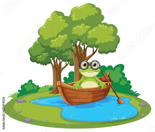 Cartoon frog rowing a wooden boat under trees