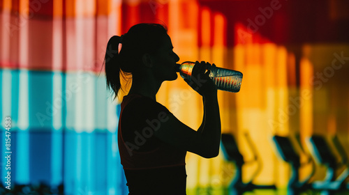 A silhouette of a person drinking water from a sports bottle against a backdrop of colorful gym equipment, conveying the necessity of maintaining water balance amidst intense physi photo