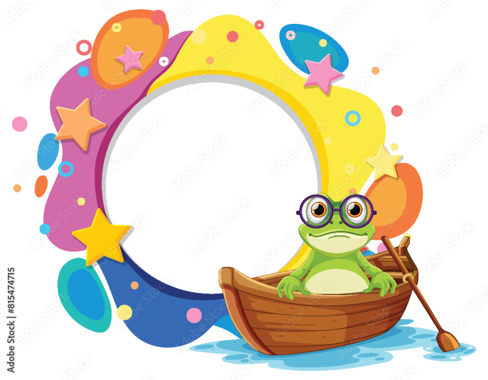Εκτύπωση καμβά Cartoon frog rowing a wooden boat with colorful background