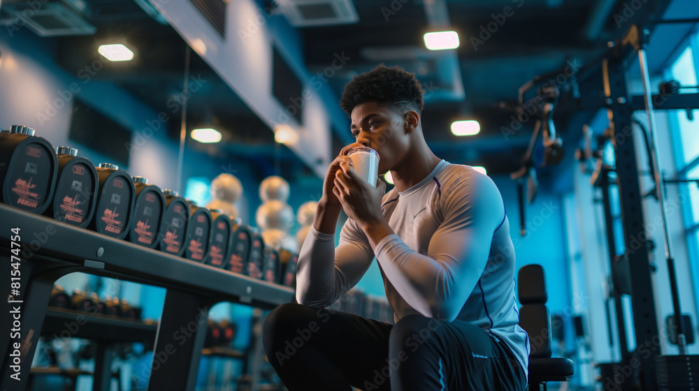 A captivating shot of a fitness enthusiast enjoying a post-workout protein shake, surrounded by sleek gym equipment and motivational signage, illustrating the role of hydration in A captivating shot of a fitness enthusiast enjoying a post-workout protein shake, surrounded by sleek gym equipment and motivational signage, illustrating the role of hydration in