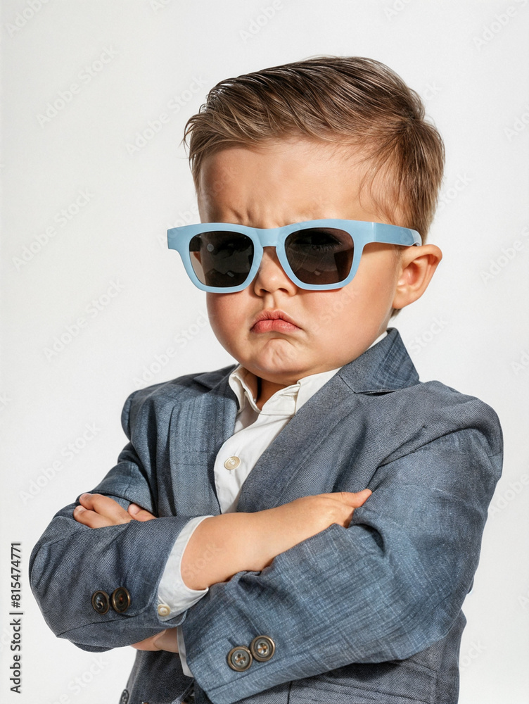 Sad child dressed in an adult suit and in sunglasses. Boy with a sad face. Child businessman on white background Sad child dressed in an adult suit and in sunglasses. Boy with a sad face. Child businessman on white background