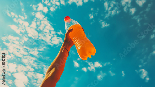 A vibrant photograph of a person holding a water bottle aloft in triumph after completing a challenging workout, their victory celebration underscored by the importance of rehydrat
