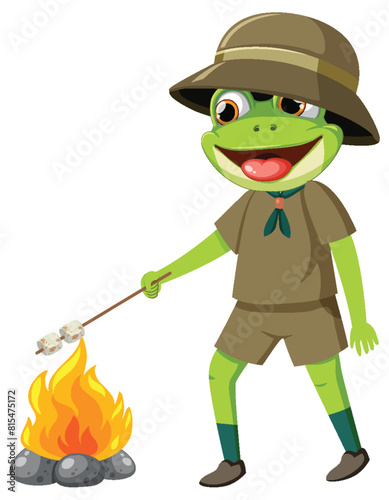 Frog scout roasting marshmallows over campfire