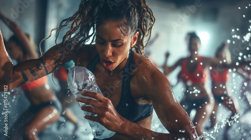 A dynamic scene of a fitness instructor leading a group hydration challenge, encouraging participants to track their water intake and prioritize hydration throughout their workout