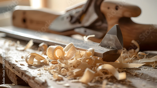 Plane jointer carpenter or joiner tool and wood shavings Wood working tools on wooden table Carpentry workshop : Generative AI photo