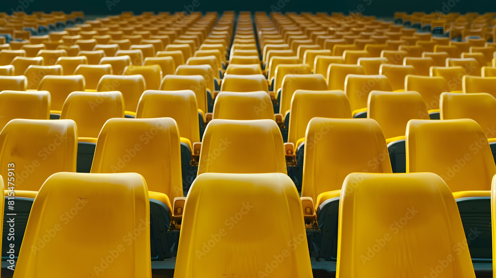 Obraz premium seats of tribune on sport stadium empty outdoor arena concept of fans chairs for audience cultural environment concept color and symmetry empty seats modern stadium yellow tribunes : Generative AI