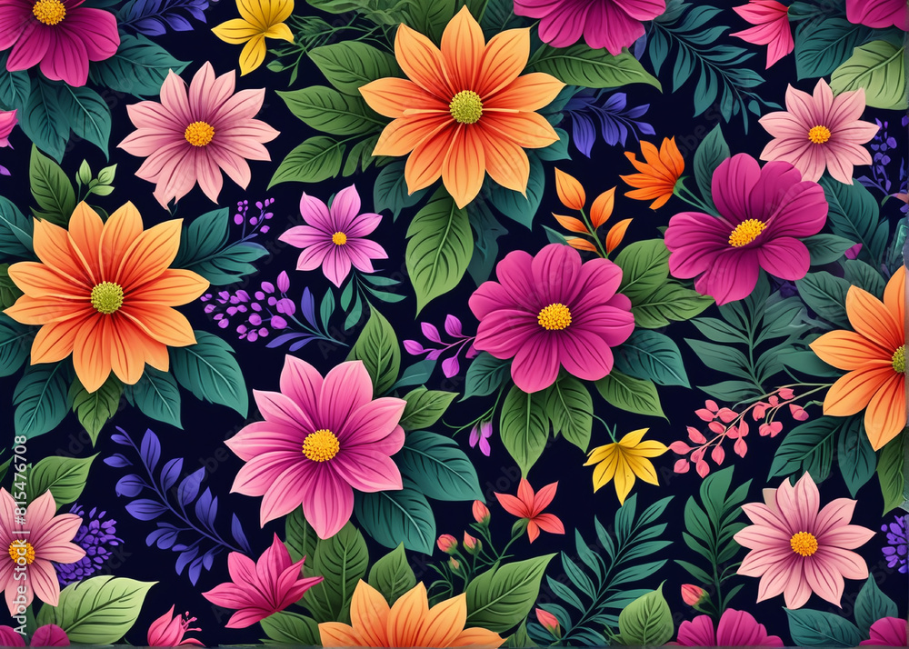 Lush floral pattern with vivid flowers and leaves, background for invitation