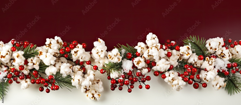 Horizontal border with a festive winter holiday theme featuring a traditional handcrafted popcorn garland adorned with red cranberries Perfect for copy space image Horizontal border with a festive winter holiday theme featuring a traditional handcrafted popcorn garland adorned with red cranberries Perfect for copy space image