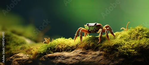 In a copy space image a small crab in green and brown hues is seen outside a moss covered rock The crab can be observed with its claws placed near its mouth while the sand reflects the bright sunligh photo
