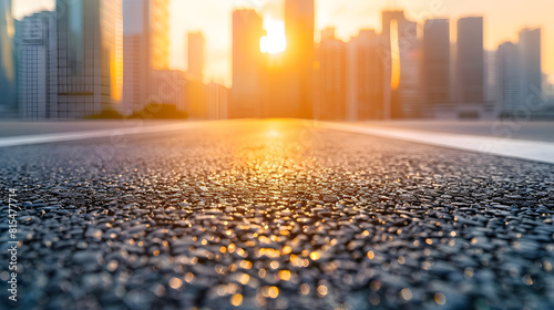 Asphalt road and glass wall with city skyline at sunset : Generative AI