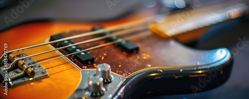 Close-up image of an electric bass guitar with focus on the strings, pickups, and volume knob on a wooden textured background.