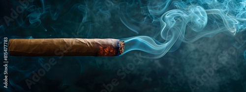 Burning Tobacco cigar with smoke and ash on dark background with space for text