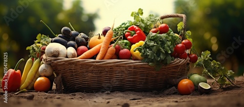 Fototapeta Naklejka Na Ścianę i Meble -  A basket containing various fruits and vegetables is placed on the ground of a farm creating a picturesque copy space image