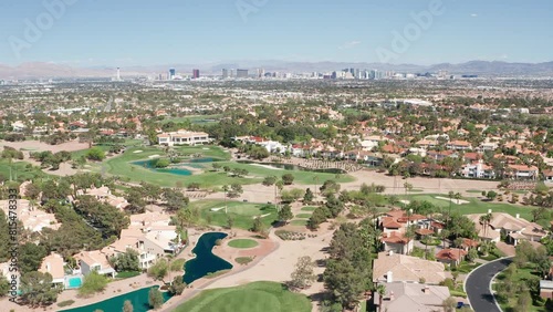 Aerial shot of Las Vegas Summerlin luxury mansions, golf course, homes 03 photo