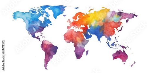 Watercolor map of the world with splashes of vibrant colors and a white background for a creative geographical concept. Digital art of world map painted with gradient watercolor in warm color. AIG35. #815478342