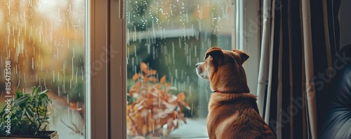 Cozy domestic scene of a loyal dog peering longingly through a rainy window, waiting and hoping. photo