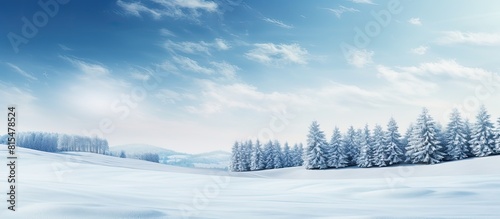 A picturesque scene of a snowy field dotted with larch windbreaks providing an appealing copy space image photo