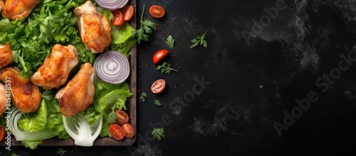 Top view of a light table showcasing a fresh marinade raw chicken drumsticks and lettuce with ample space for text in the image