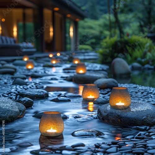 A photo of a beautiful garden with a stone path  a small stream  and several glowing lanterns.